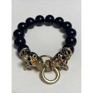 Chunky Black & Gold Enamel Panthers Biting Ring Beaded Stretch Bracelet